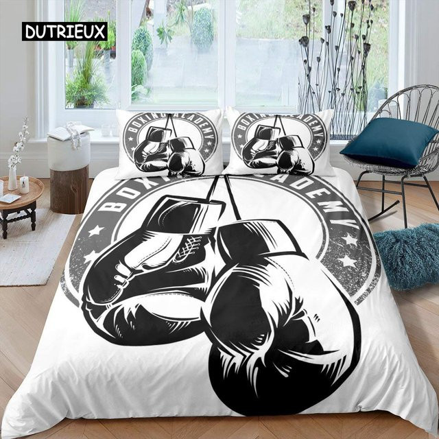 Bettwäsche-Set Boxen-Motiv mit Boxhandschuhen und Athleten-Silhouette aus Mikrofaser, Farbe: Weiß, B/H: 140 x 210 cm - Bild 1