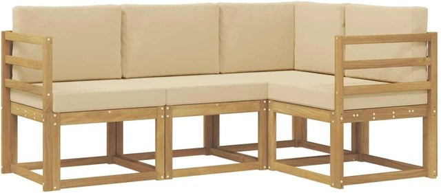 vidaXL Outdoor-Sofagarnitur in L-Form aus Akazienholz mit Kissen, 4-teilig, Weiß und Beige - Bild 1