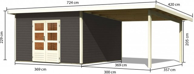 Gartenhaus aus Holz NORTHEIM 5 in Terragrau mit Anbaudach, Wandstärke 38 mm, B/T: 369 x 369 cm - Bild 1