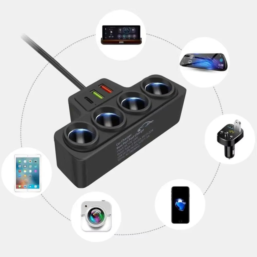 120W Auto Zigarettenanzünder Adapter mit 4 Steckplätzen, USB QC3.0 und PD3.1 Anschlüssen, Schwarz, 12V/24V kompatibel - Bild 5