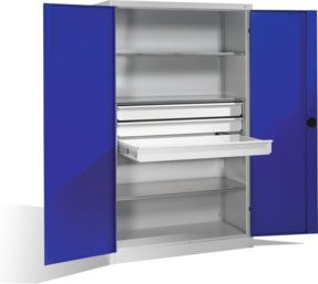C+P Schwerlastschrank mit Drehtüren, 3 Böden und 3 Schubladen, Front Enzianblau, Korpus Lichtgrau, H x B x T: 195 x 120 x 50 cm - Bild 1
