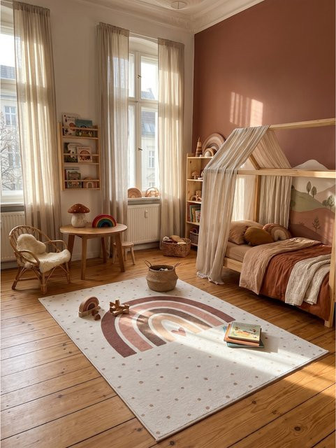 Waschbarer Kinderteppich Regenbogen mit Herz von Kadima Design in Creme, Pink und Gold, B/T: 80 x 150 cm - Bild 1