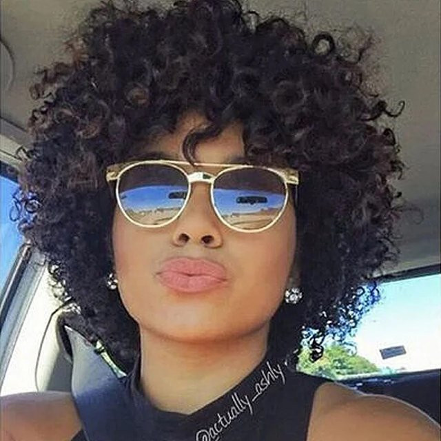 OYM HAIR Echthaar-Perücke, kurzer Bob mit Pony, Afro-Locken, Damen - Bild 1