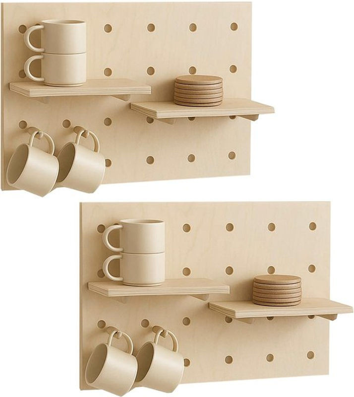 2er-Set Wandregal MCW-P24 Steckboard aus Holz in Naturfarben, Wanddekoration im skandinavischen Design mit 4 Ebenen, B: 60 cm, H: 40 cm - Bild 1