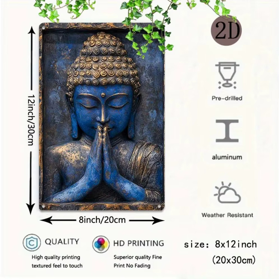 HELLOYOUNG Buddha-Wanddeko aus Metall in Blau mit orientalischem Design, Rechteckiges Aluminiumschild, Breite: 20,3 cm, Höhe: 30,5 cm - Bild 2