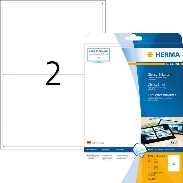 HERMA Special Papieretiketten weiß, hochglänzend und permanent selbstklebend, B/H: 14,35 x 19,96 cm, 50 Etiketten - Bild 1