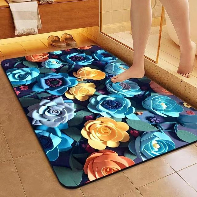Saugfähige Badezimmer Bodenmatte mit Blumenmuster, rutschfest und schnelltrocknend, B/B: 40 x 60 cm, Mehrfarbig - Bild 1