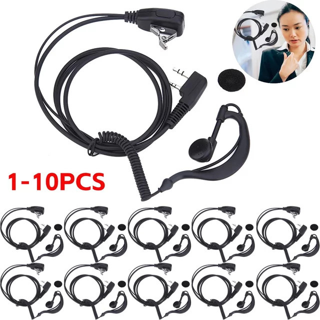 10er Pack ALLOYSEED 2-poliges In-Ear Headset mit PTT-Mikrofon und Ohrhaken für Walkie Talkies, Schwarz, Kabellänge: 1 m - Bild 1