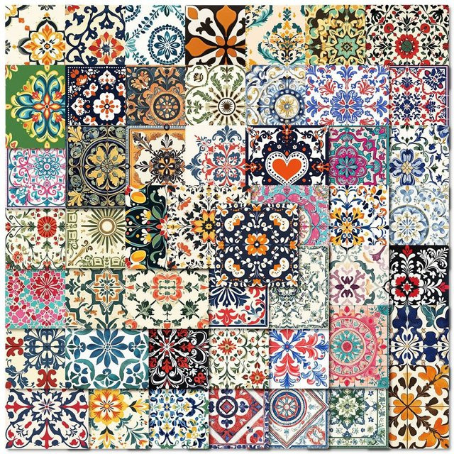 50 Stück Vintage-Kunstfliesen-Aufkleber von LanLanStickersWorld Store in Multicolour, wasserfeste DIY-Aufkleber mit floralem Design für Kühlschrank, Skateboard und Handyhülle - Bild 1