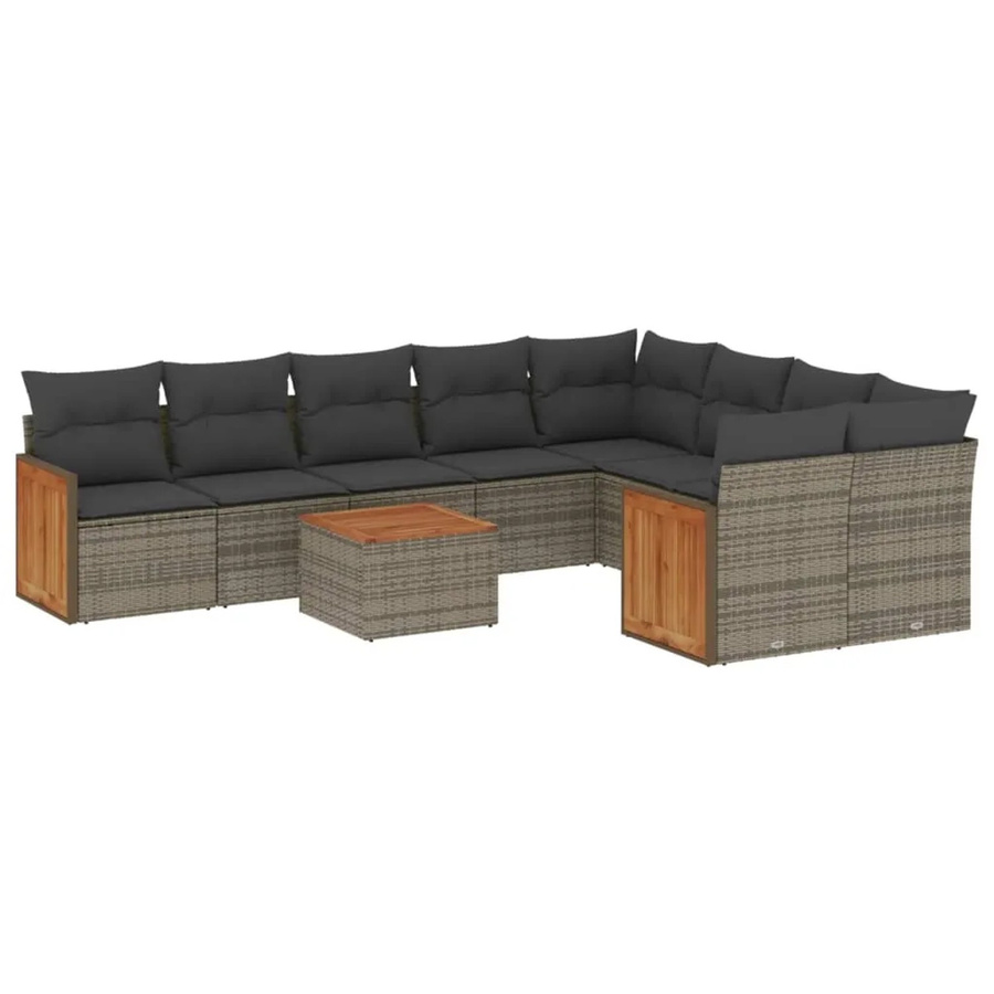 vidaXL 10-tlg. Garten-Sofagarnitur in L-Form aus grauem Poly-Rattan mit Kissen und Akazienholz - Bild 2