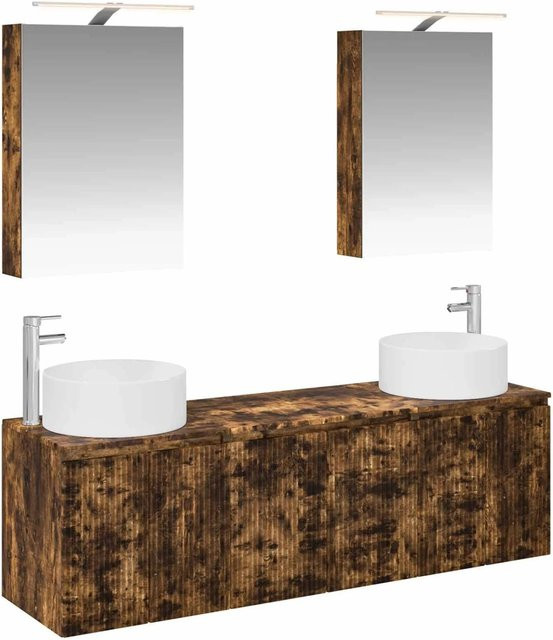 vidaXL Badezimmerschrank-Set 5-teilig aus Holzwerkstoff in Geräucherte Eiche, modern mit LED-Beleuchtung und Spiegelschrank, Farbe: Braun - Bild 1