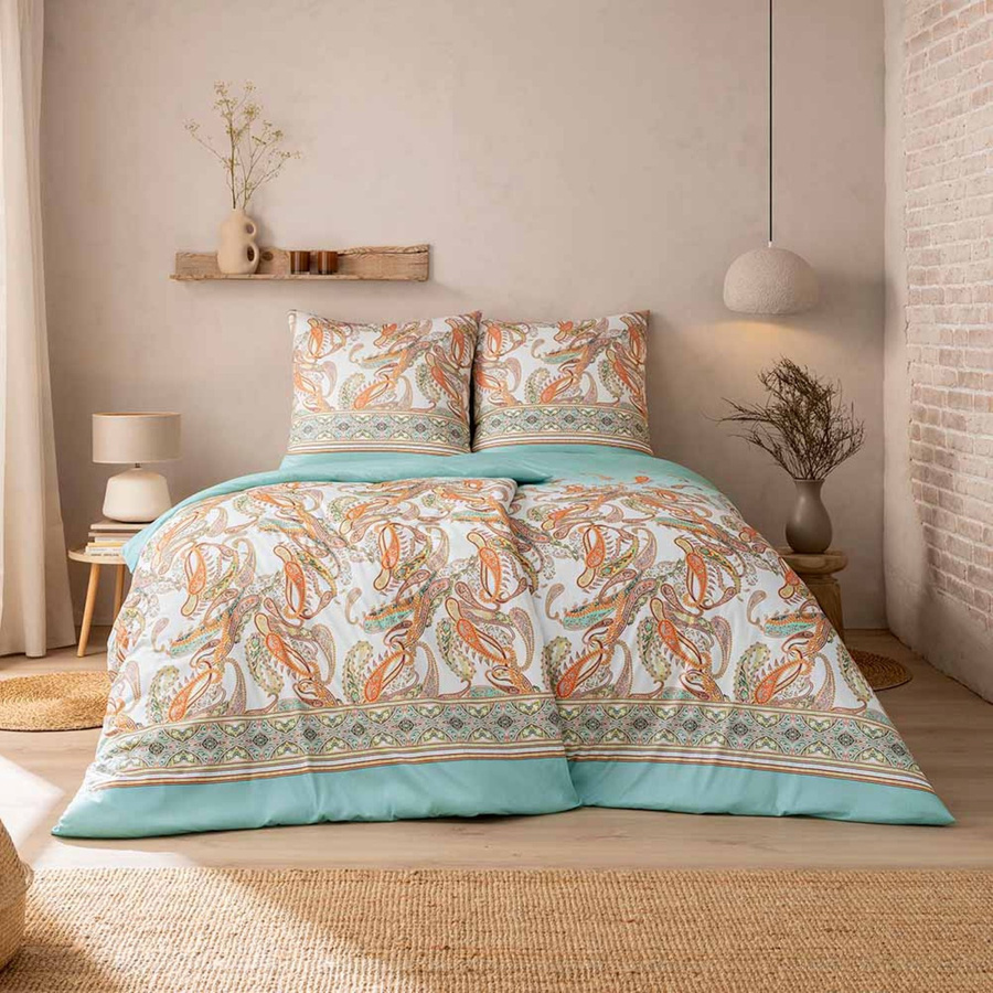 Estella Mako Jersey Bettwäsche Siena azur Paisley orange natur mit Bettbezug und Kissenbezug, B/H: 135 x 200 cm, Kissen: 80 x 80 cm - Bild 1