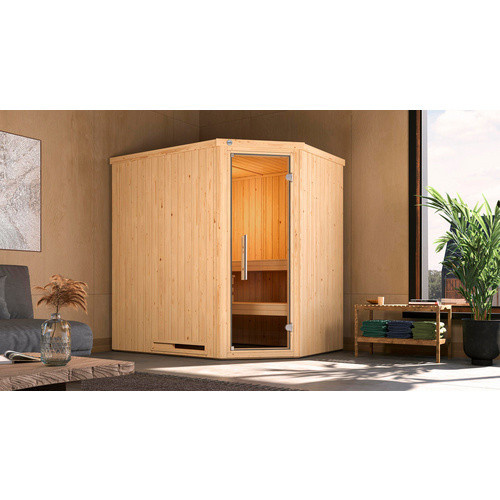 WEKA Ecksauna Varberg 1 in Braun für 6 Personen inklusive 4,5 kW Ofen mit externer Steuerung und Glastür - Bild 3