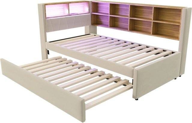 Merax Schlafsofa mit Ausziehbett und LED-Beleuchtung, Beige, B/T/H: 213 x 90 x 103 cm - Bild 1