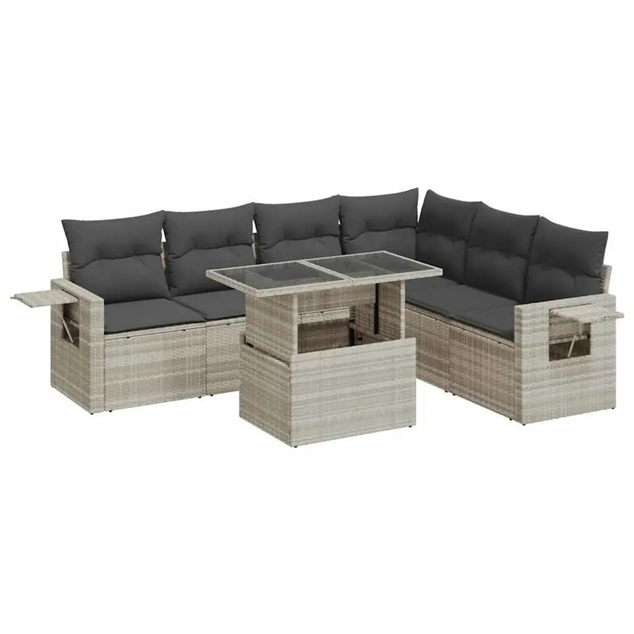 vidaXL 7-tlg. Garten-Sofagarnitur in L-Form mit Kissen und Couchtisch, Hellgrau - Bild 2