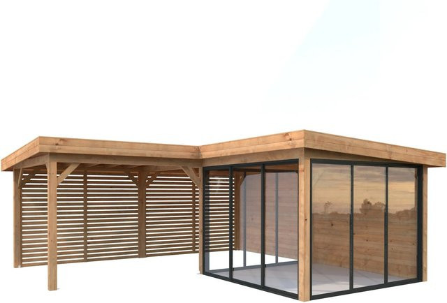 Palmako Pavillon Lenna Set 411 Slide aus Fichtenholz in Braun mit Alu-Schiebetüren und Flachdach, B/T/H: 588 x 588 x 245 cm - Bild 1