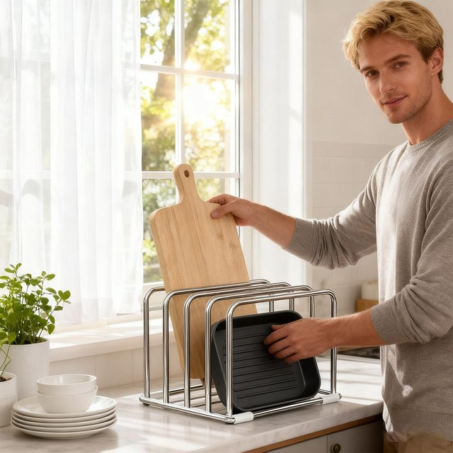 Schneidebrettständer und Organizer aus Edelstahl in Silber für Kochgeschirr und Backformen - Bild 1