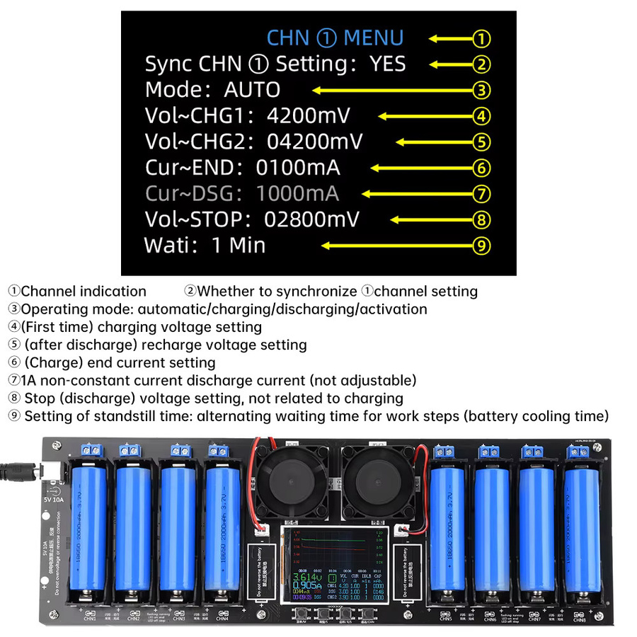 Voktta 8-Kanal 18650 Lithium-Batterie Tester mit 2,4-Zoll-Bildschirm für Kapazität und internen Widerstand, DC 5 V - Bild 3