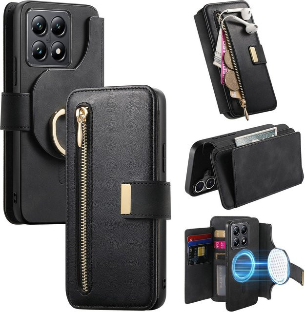HQBBRO 2-in-1 Magnetische Lederhülle mit abnehmbarem Reißverschluss-Kartenfach für Xiaomi Redmi Note 13 Pro Plus, 12, 13C und 14T Pro, Schwarz - Bild 1