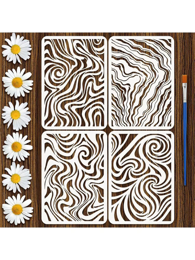 4 Stück PET-Schablonen für DIY-Scrapbook und Marmorierung, 4 verschiedene Stile, B: 29,7 cm, H: 21,0 cm - Bild 3