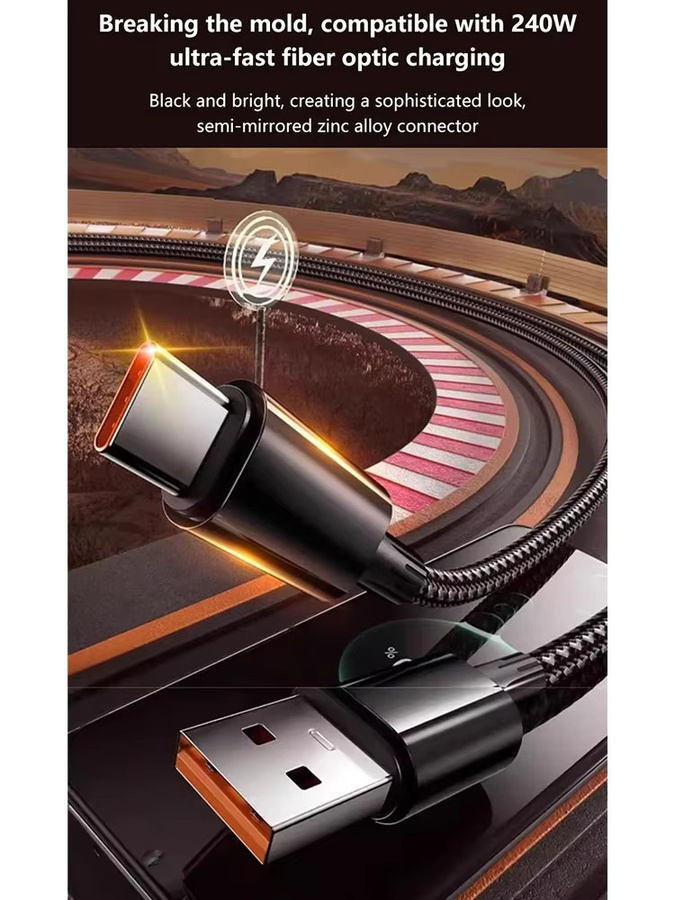 USB-C zu USB-C Schnellladekabel 240W mit Hochgeschwindigkeits-Datenübertragung, geflochtenes Ladekabel in Schwarz - Bild 6