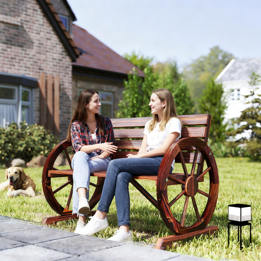 Outsunny Gartenbank 2-Sitzer aus Tannenholz im Landhausstil mit Armlehnen und Wagenrad-Design, braun, B/T/H: 105,5 x 59 x 75 cm - Bild 2