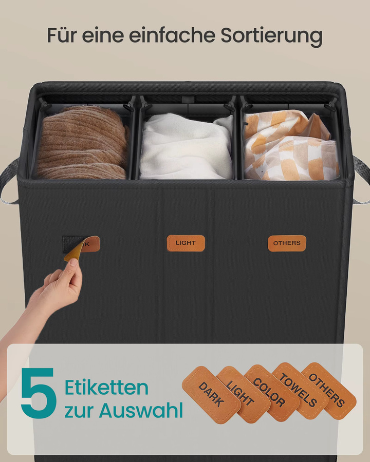 SONGMICS Wäschekorb mit 3 Fächern und Deckel in Schwarz, 160 L, mit herausnehmbaren und waschbaren Innensäcken und 5 Etiketten - Bild 3