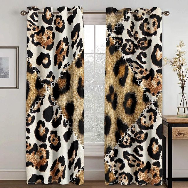 Yiran Furniture Vorhänge mit Leopardenmuster in Gold, 2er-Set semi-transparent mit Ösenaufhängung, Breite: 100 cm, Höhe: 160 cm - Bild 1