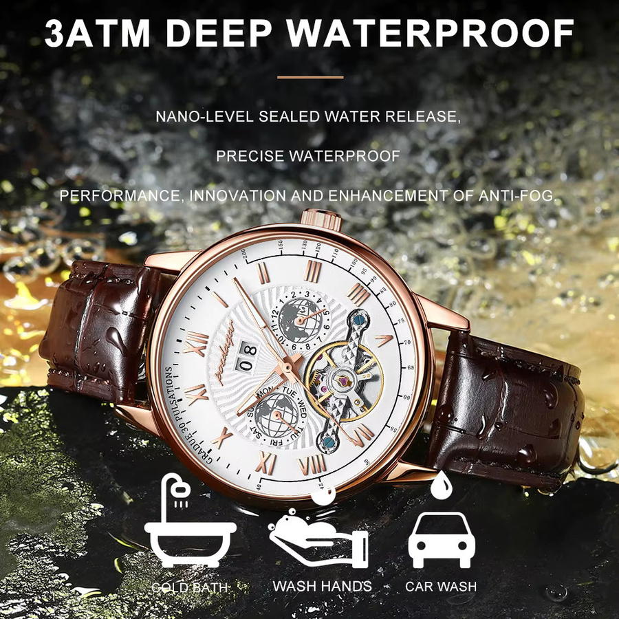 POEDAGAR Armbanduhr, Automatik, Leder, Roségold, Herren - Bild 3