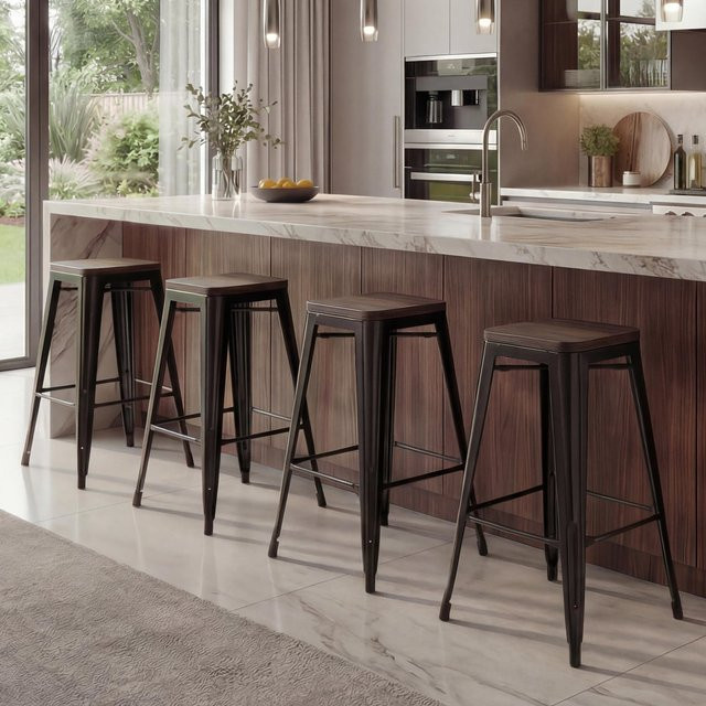 4er-Set Barhocker MCW-A73 in Schwarz mit Holz-Sitzfläche im Industriedesign aus Metall - Bild 1