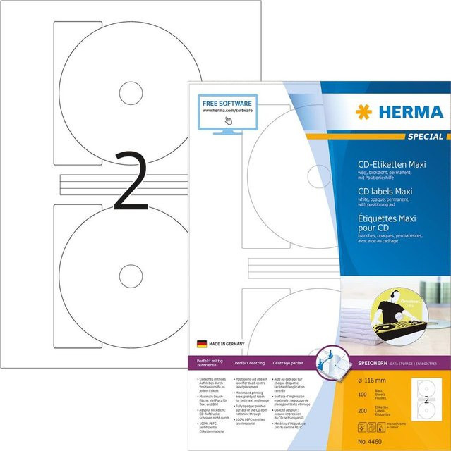 HERMA CD-Etiketten Maxi A4 Weiß, 200 Stück aus Papier, Universal und PEFC-zertifiziert - Bild 1