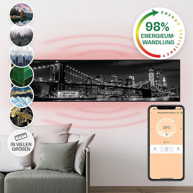 Klarstein Wonderwall Air Art Smart Infrarotheizung mit App-Steuerung, Motiv Brücke, Schwarz, B/H: 120 x 30 cm - Bild 1