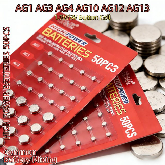 NDNNAS Knopfzellen Set 50 Stück Silber 1,5V Batterien AG1 AG3 AG4 AG5 AG12 AG13 LR44 SR44 für Spielzeug, Uhren und Fernbedienungen - Bild 1