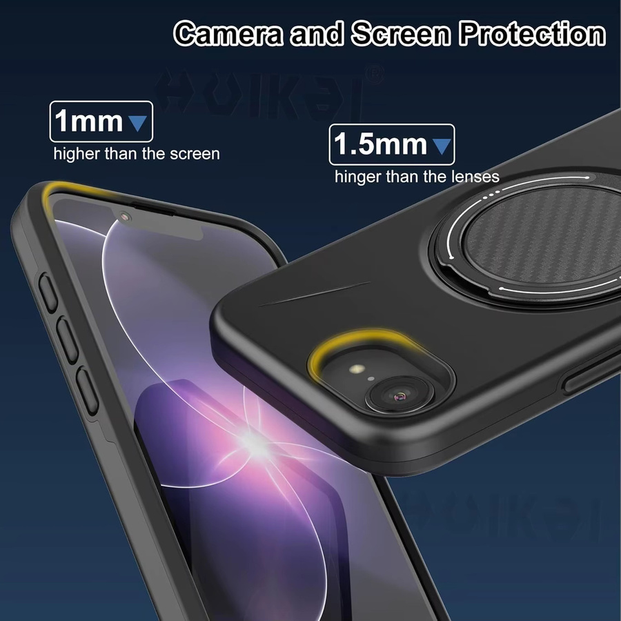 Huikai Magnetische Schutzhülle für iPhone 17e und 16e mit Ständer in Schwarz, Carbonfaser-Design, Stoßfeste TPU PC Hülle mit militärischem Schutzgrad - Bild 2