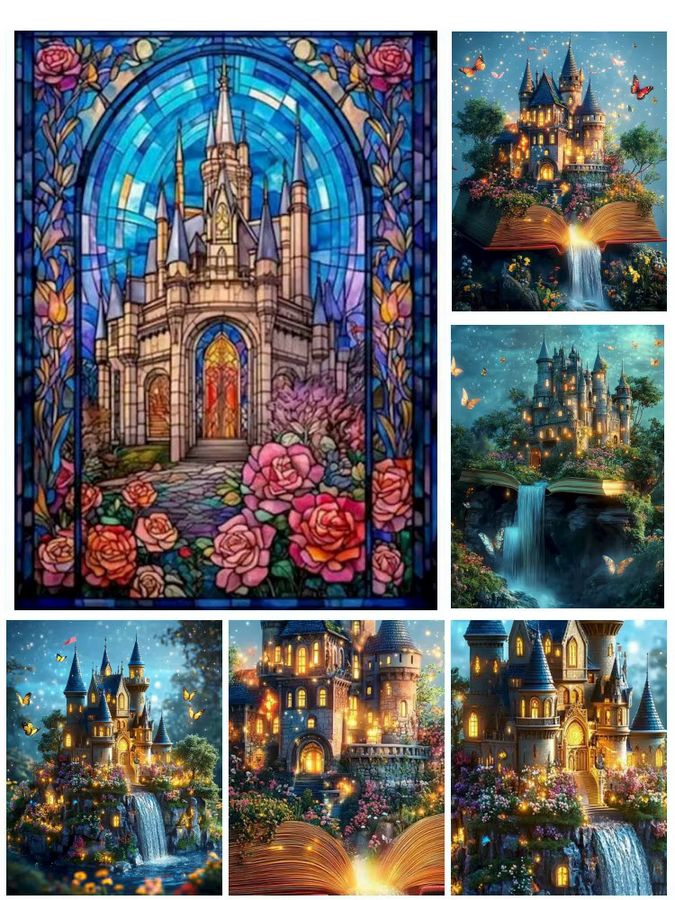 5D Diamant-Malerei-Set Potdemiel Fantasy-Schloss mit Wasserfall und Landschaft als Mosaik-Stickerei für die Wanddekoration, Full Drill, Rund - Bild 4