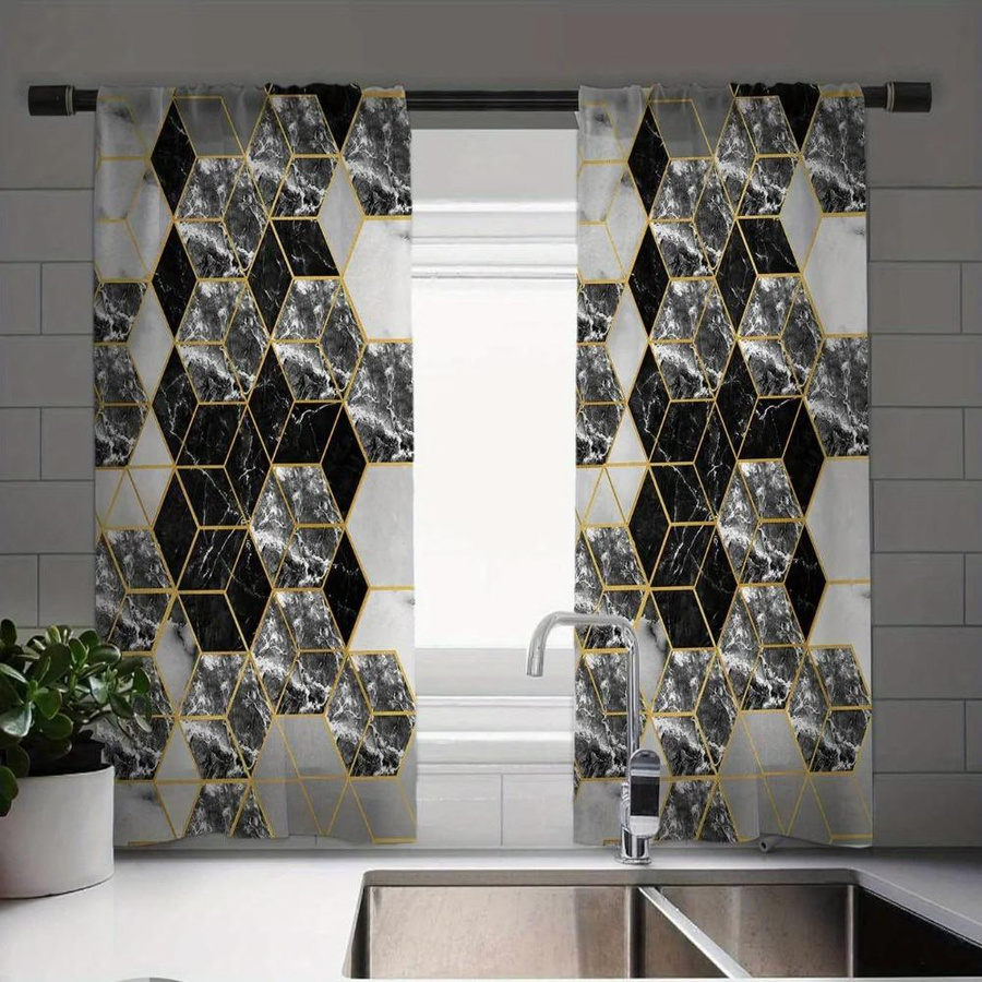 Yiran Furniture Küchenvorhang mit geometrischem Druck im Vintage-Stil, halbtransparentes Fensterdekor aus Polyester, Mehrfarbig, Breite: 100 cm, Höhe: 130 cm - Bild 2