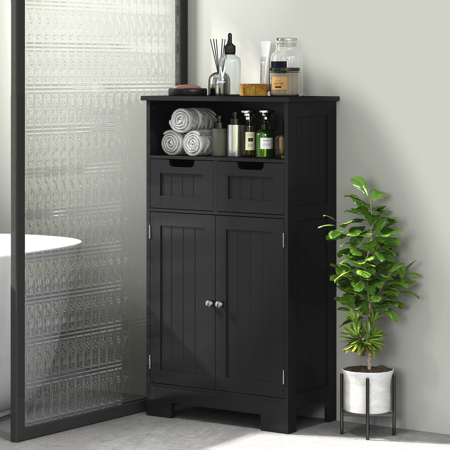 Kleankin Badezimmerschrank mit 2 Schubladen und Tür in Schwarz, modernes Aufbewahrungsmöbel für Badezimmer, Küche oder Wohnzimmer, B/T/H: 60 x 30 x 109 cm - Bild 2