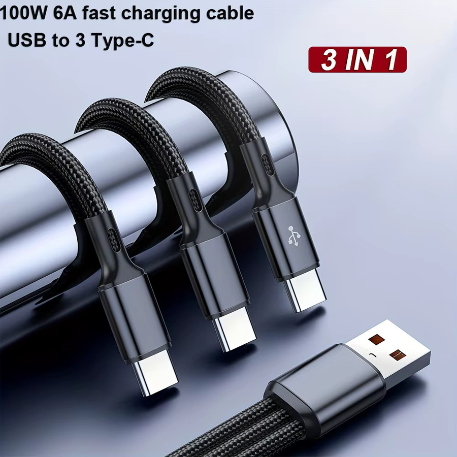3-in-1 USB-auf-Typ-C-Kabel mit 100W Schnellladefunktion für iPhone, Samsung und Xiaomi, Farben: Rot und Schwarz - Bild 2