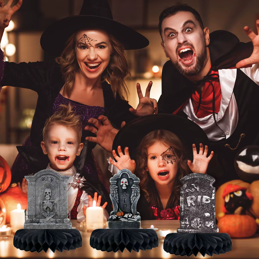 9 Stück Halloween Grabstein Waben-Tischdekoration von Joy-enlife in Grau aus Papier für deine Party und Spukhaus-Dekoration - Bild 3