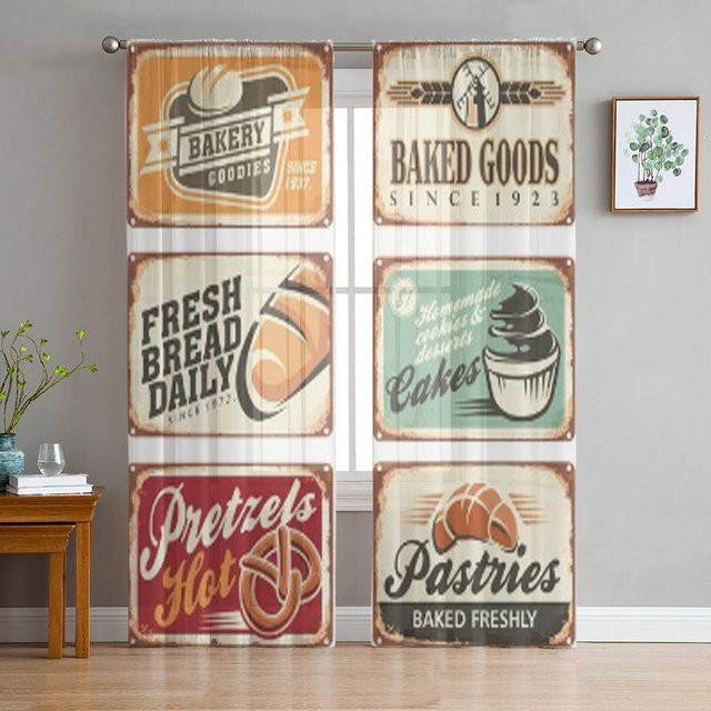 Super Six Vintage Bäckereischilder Tüllvorhang aus Organza und Chiffon, Farbe Grau/Mehrfarbig, B: 135 cm, H: 114 cm - Bild 1