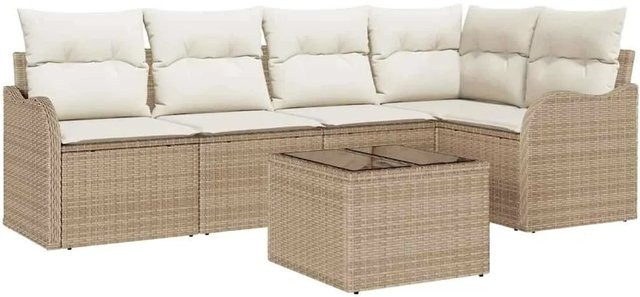 vidaXL Garten-Sofa-Set aus Poly Rattan in L-Form mit Kissen, 6-teilig, Beige - Bild 1