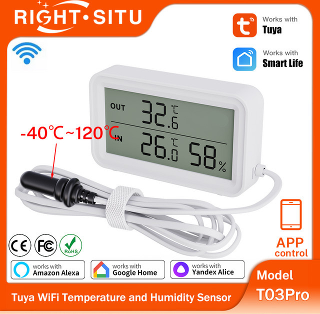 Tuya WiFi Temperatur- und Feuchtigkeitssensor mit externem Temperatursensor in Weiß, kompatibel mit Yandex Alexa - Bild 1