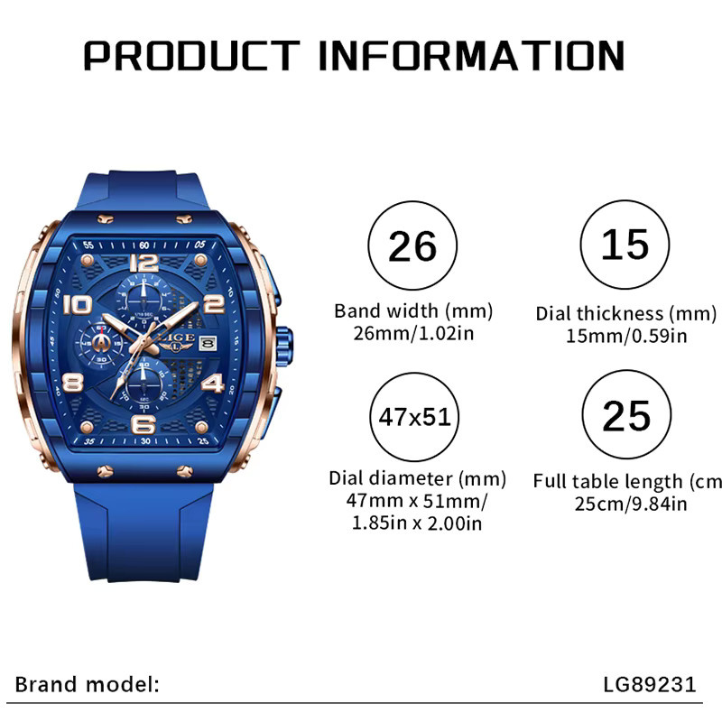 LIGE Armbanduhr Quarz, Edelstahl, Silikon, Blau, Herren - Bild 5