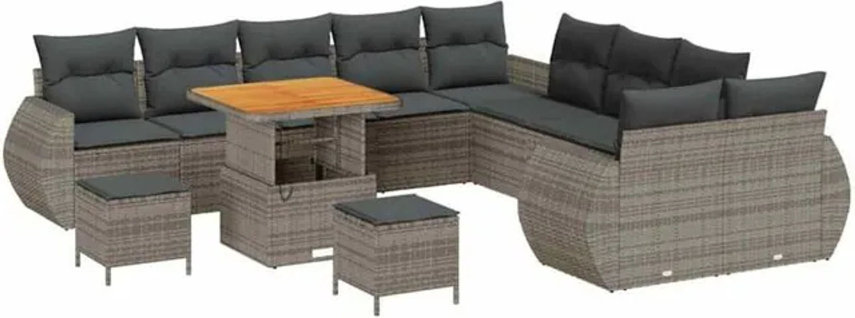 vidaXL Garten-Sofa-Set aus Polyrattan in Grau, 13-teiliges Loungemöbel-Set mit Akazie, Stahl und Polyester - Bild 1