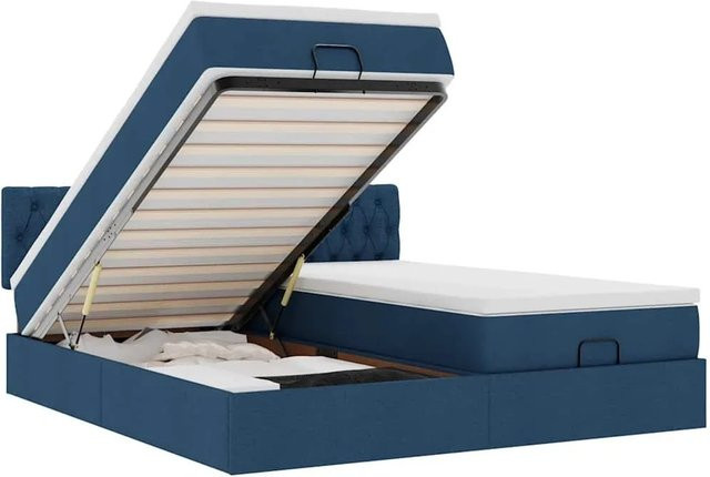 vidaXL Ottoman-Bett mit Matratzen, LED-Unterbettbeleuchtung und USB-Ladeanschluss, Blau/Weiß, B: 180 cm, T: 200 cm, H: 280 cm - Bild 1