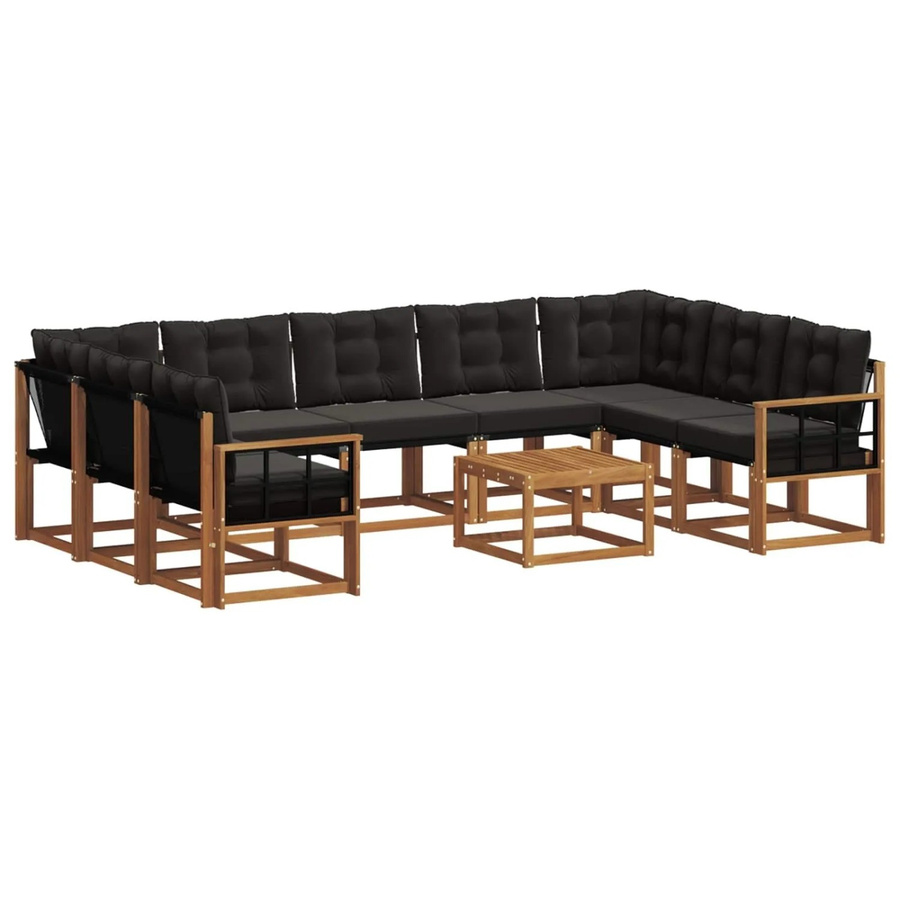 vidaXL Outdoor-Sofagarnitur in L-Form aus Akazienholz mit Kissen und Couchtisch, Braun und Schwarz - Bild 2
