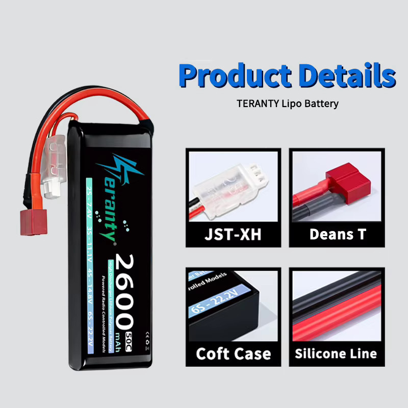 TERANTY LiPo-Akku 2S 7,4V 2600mAh 50C/100C mit T X60 Stecker für RC Modelle, Drohnen und Flugzeuge, Schwarz - Bild 3