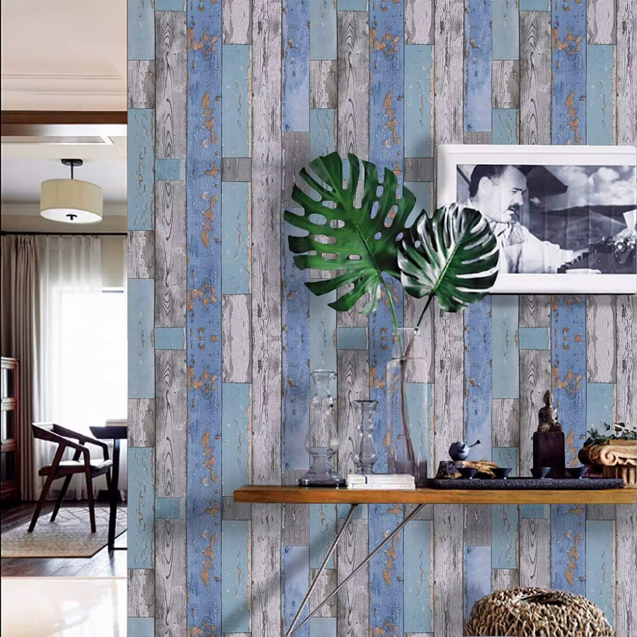 Selbstklebende Vinyl-Tapete von KALYNN in Blau und Graugrün im Distressed-Holz-Design für Wandmöbel und Heimdekoration - Bild 3