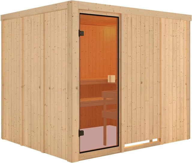 Karibu Sauna Nybro mit Fronteinstieg und bronzierter Glastür aus Fichte in Braun, B/T/H: 231 x 196 x 198 cm - Bild 1