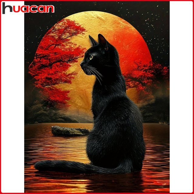 Huacan 5D-Diamantgemälde zum Selbermachen Katze und Mond Diamant-Mosaik Tierlandschaft Multicolor B/H/T: 20 x 30 x 20 cm - Bild 1